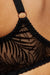 Close-up of Gorteks Mare sheer mesh plunge bra in black with palm tree embroidery and underwire support, from Lavinia Lingerie collection.