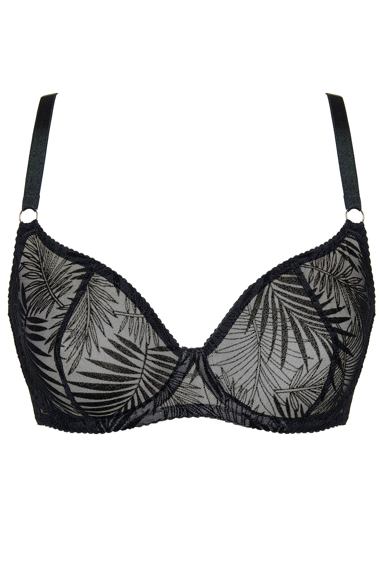 Sheer Mesh Plunge Bra Gorteks Mare Lavinia Lingerie in black with palm leaf embroidery, underwired demi cups and adjustable straps for support.