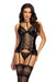 Beauty Night Noir Fantasy Sheer Lace Corset BN6747 in black with lace front panel, wetlook cups, and matching thong, modeled front view.