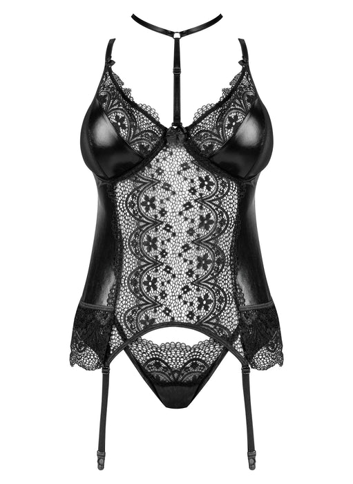 Flat lay of Beauty Night Noir Fantasy Sheer Lace Corset BN6747 with intricate lace front, wetlook cups, and garter straps.