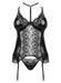Flat lay of Beauty Night Noir Fantasy Sheer Lace Corset BN6747 with intricate lace front, wetlook cups, and garter straps.