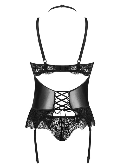 Rear flat lay of Beauty Night Noir Fantasy Sheer Lace Corset BN6747 highlighting lace-up back, sheer lace, and matching thong.