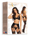 Box of Obsidian Desire Set with front and back views of model in black lace lingerie. Includes plunge bra, garter belt, and G-string with stockings.
