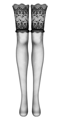 A pair of black sheer stockings with wide, intricate floral lace tops.