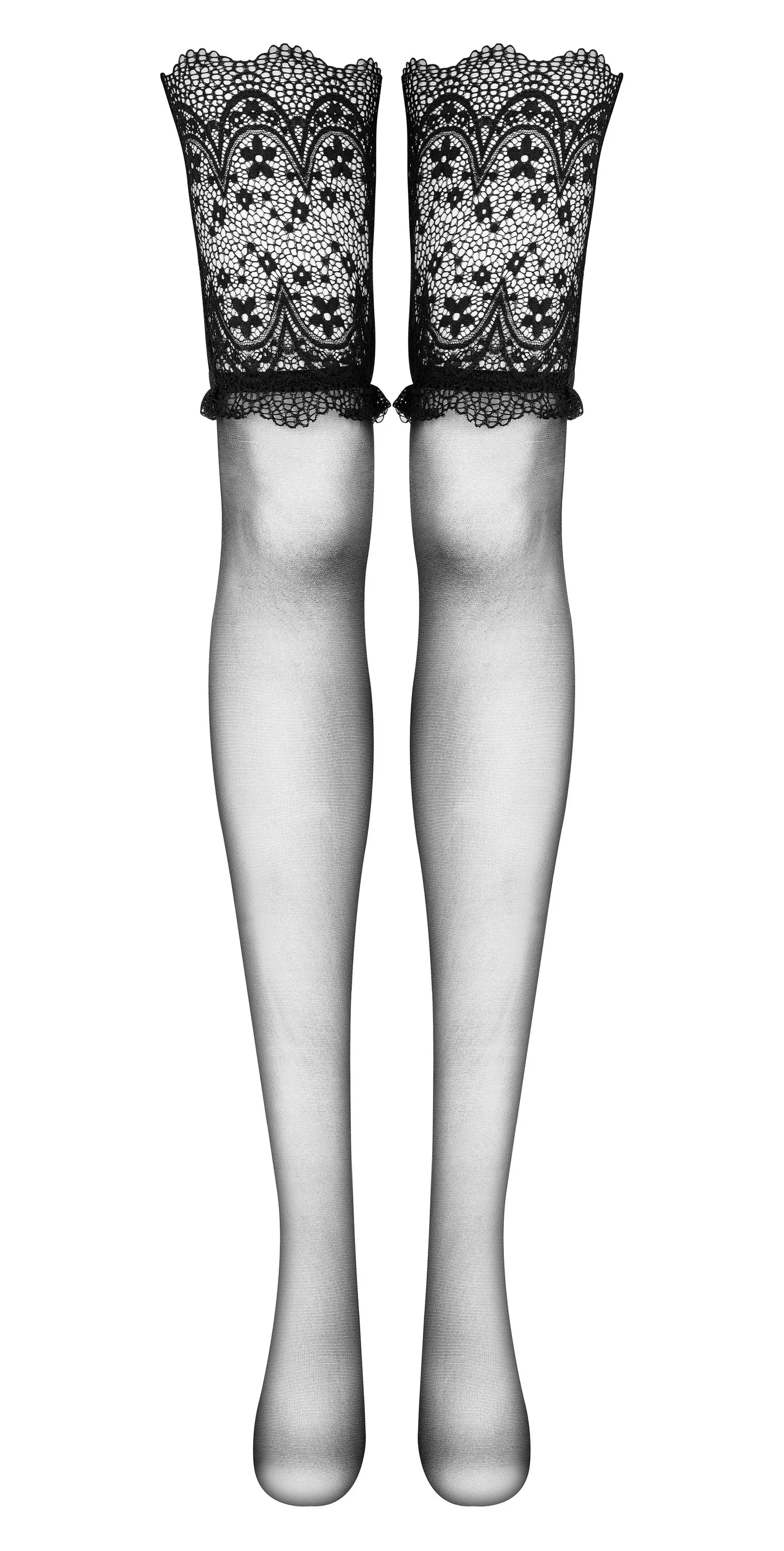A pair of black sheer stockings with wide, intricate floral lace tops.