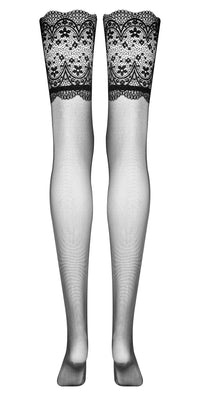 A pair of sheer black stockings with wide, floral lace tops shown against a white background.