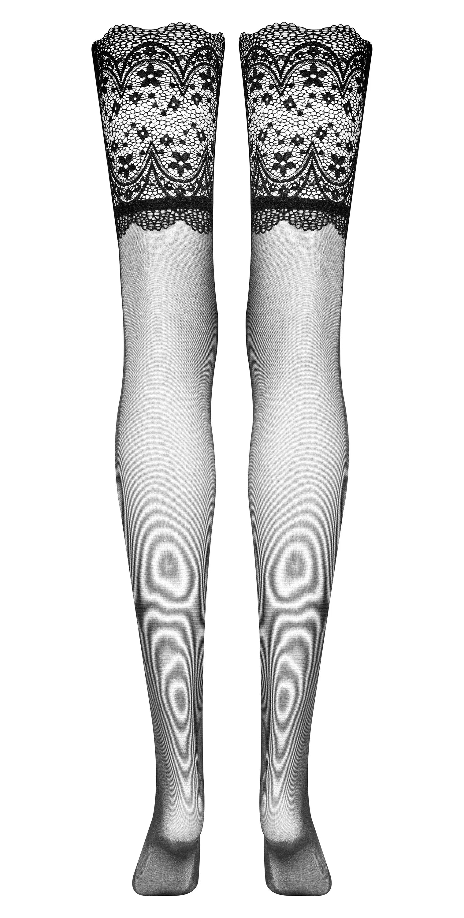 A pair of sheer black stockings with wide, floral lace tops shown against a white background.