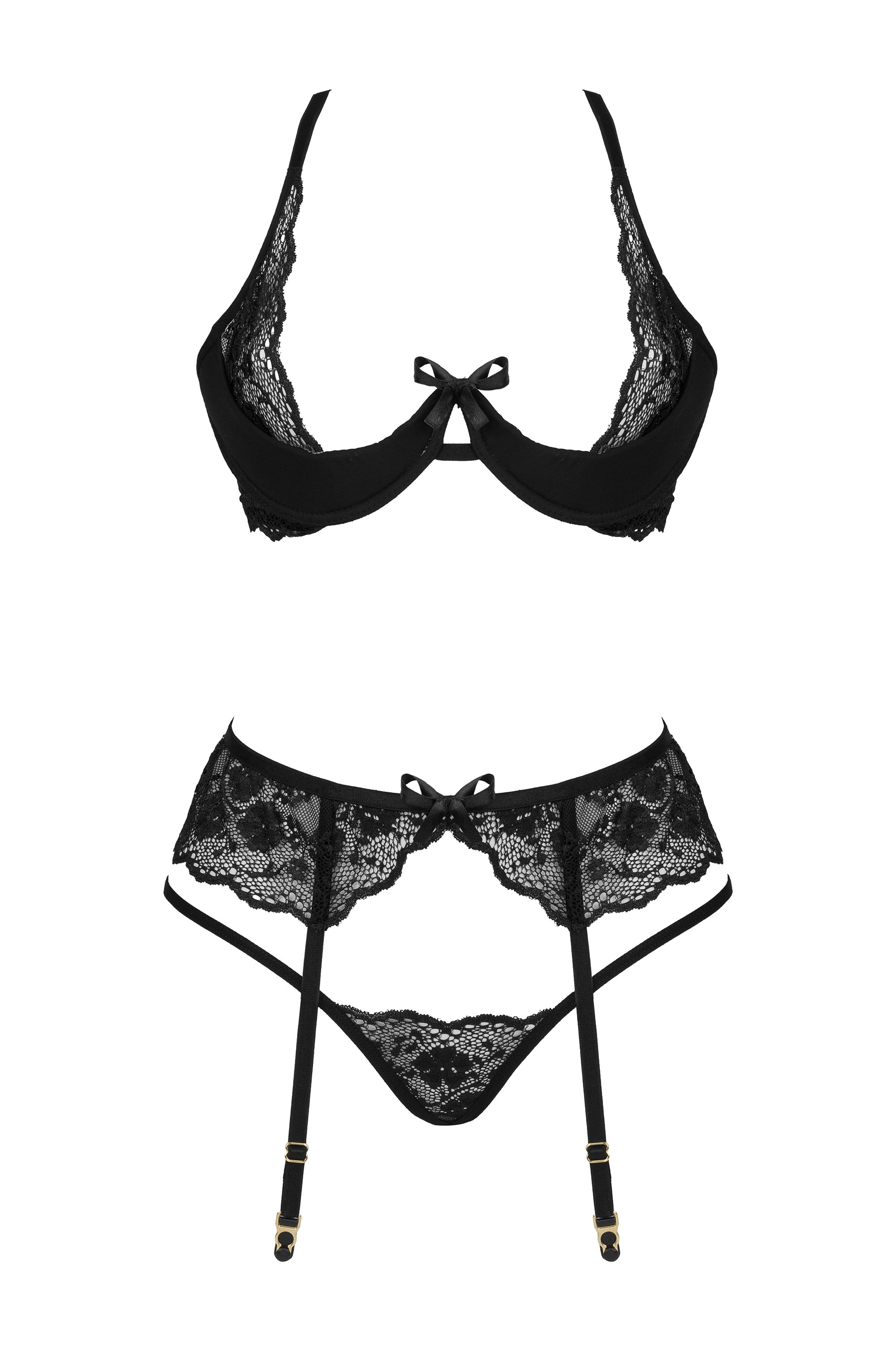 Beauty Night Rose Black Sheer Lace Plunge Bra Garter Belt & Sexy G-String