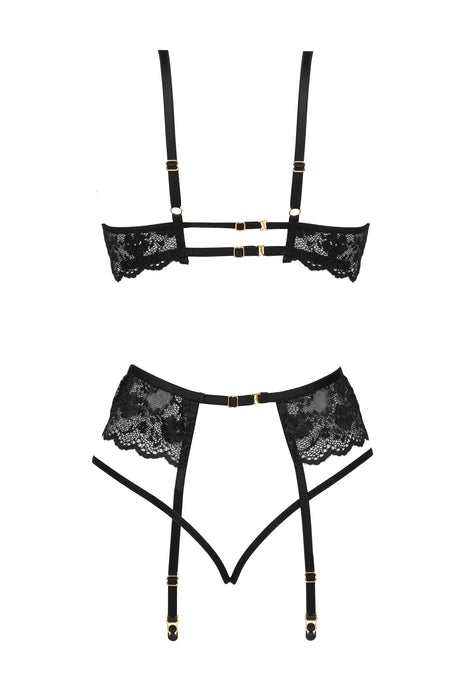 Sheer Lace Plunge Bra Garter Belt & Sexy G-String Beauty Night Rose Black