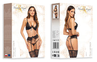 Beauty Night Rose Black Sheer Lace Plunge Bra Garter Belt & Sexy G-String