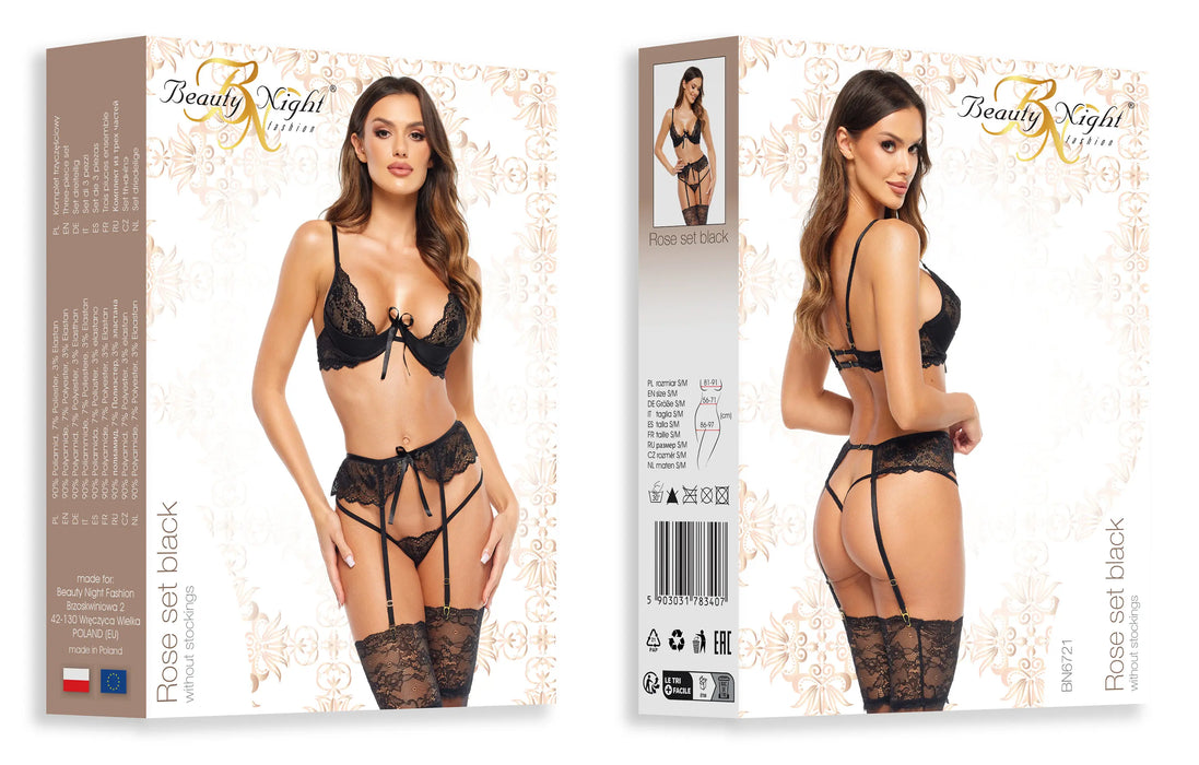 Sheer Lace Plunge Bra Garter Belt & Sexy G-String Beauty Night Rose Black