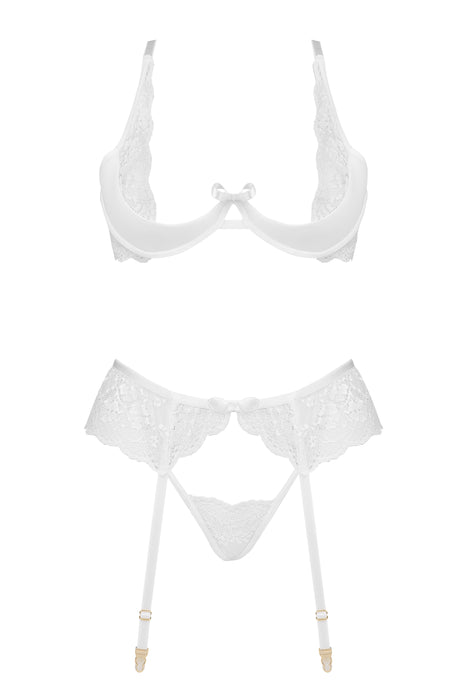 Sheer Lace Plunge Bra Garter Belt & Sexy G-String Beauty Night Rose White