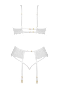 Beauty Night Rose White Sheer Lace Plunge Bra Garter Belt & Sexy G-String