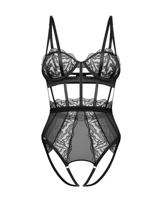Flat lay of Crotchless Teddy with Bold Cutouts Hersis, displaying black lace cups, sheer mesh panels, and open crotch design for erotic appeal.