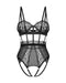 Flat lay of Crotchless Teddy with Bold Cutouts Hersis, displaying black lace cups, sheer mesh panels, and open crotch design for erotic appeal.