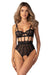 Crotchless Teddy with Bold Cutouts Hersis in black lace and sheer mesh, featuring high-leg design and strappy detailing, front view worn by model.