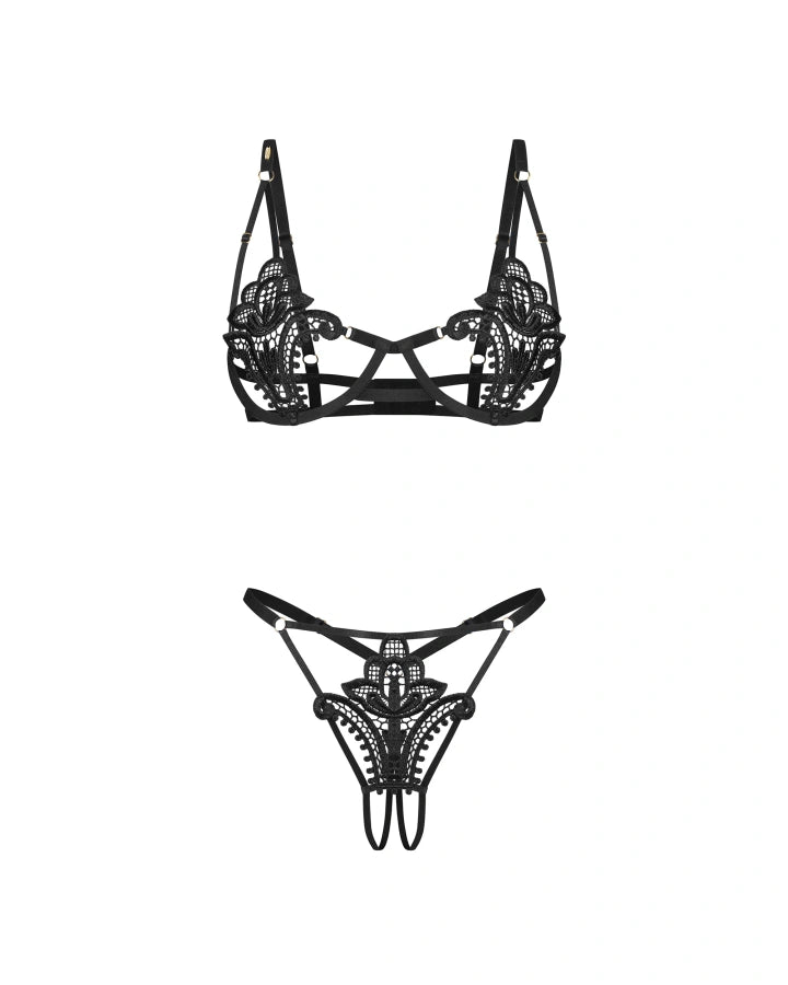 Obsessive Luise Sublim Black Lace Cut-Out Bra & Crotchless String Panty; Shop Sexy @ Lavinia Lingerie