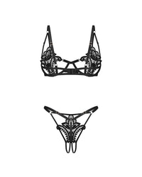Black lace cut-out bra and crotchless thong set with adjustable straps, underwired support, intricate lace details, perfect for intimate wear