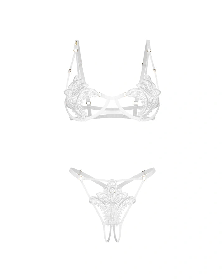 Obsessive Luise Sublim White Lace Open Cup Bra & Sexy String Panty Set; Shop Bridal @ Lavinia Lingerie