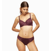 Blush Harlow Full Figure Lace Unlined Bra and matching lace panty set in Elderberry Purple, modeled from front full-body view.