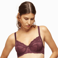 Front view of Blush Harlow Full Figure Lace Unlined Bra Elderberry Purple showing lace detail and natural shaping for curvy fit.