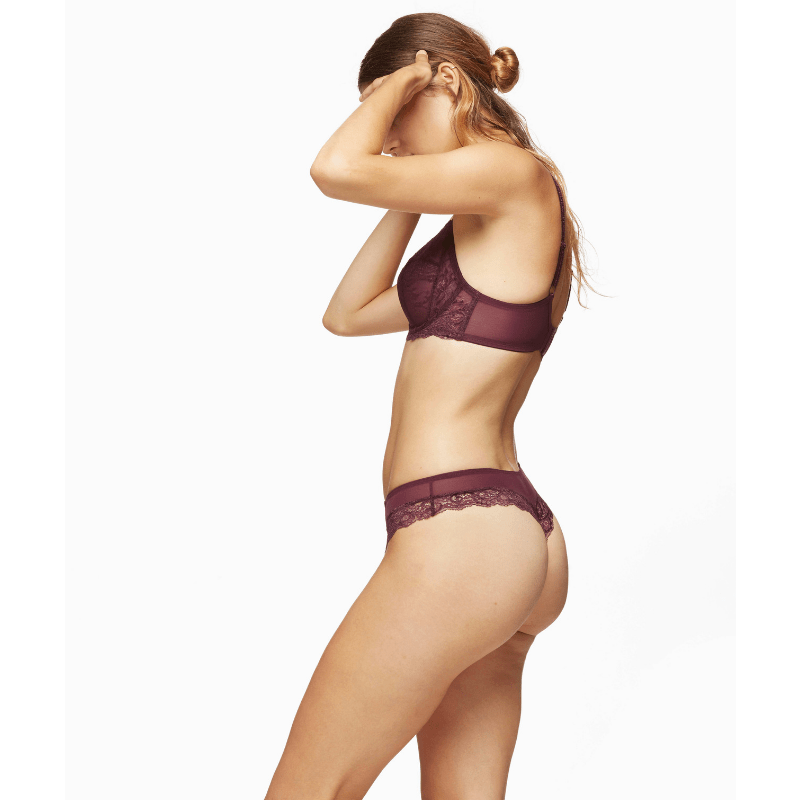 Side view of Blush Harlow Full Figure Lace Unlined Bra and matching lace panty in Elderberry Purple, showing flattering fit and lace trim.