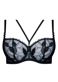 Product shot of Samanta Kendall Sheer Balconette Bra A142 in black, featuring sheer floral embroidery and decorative front straps.