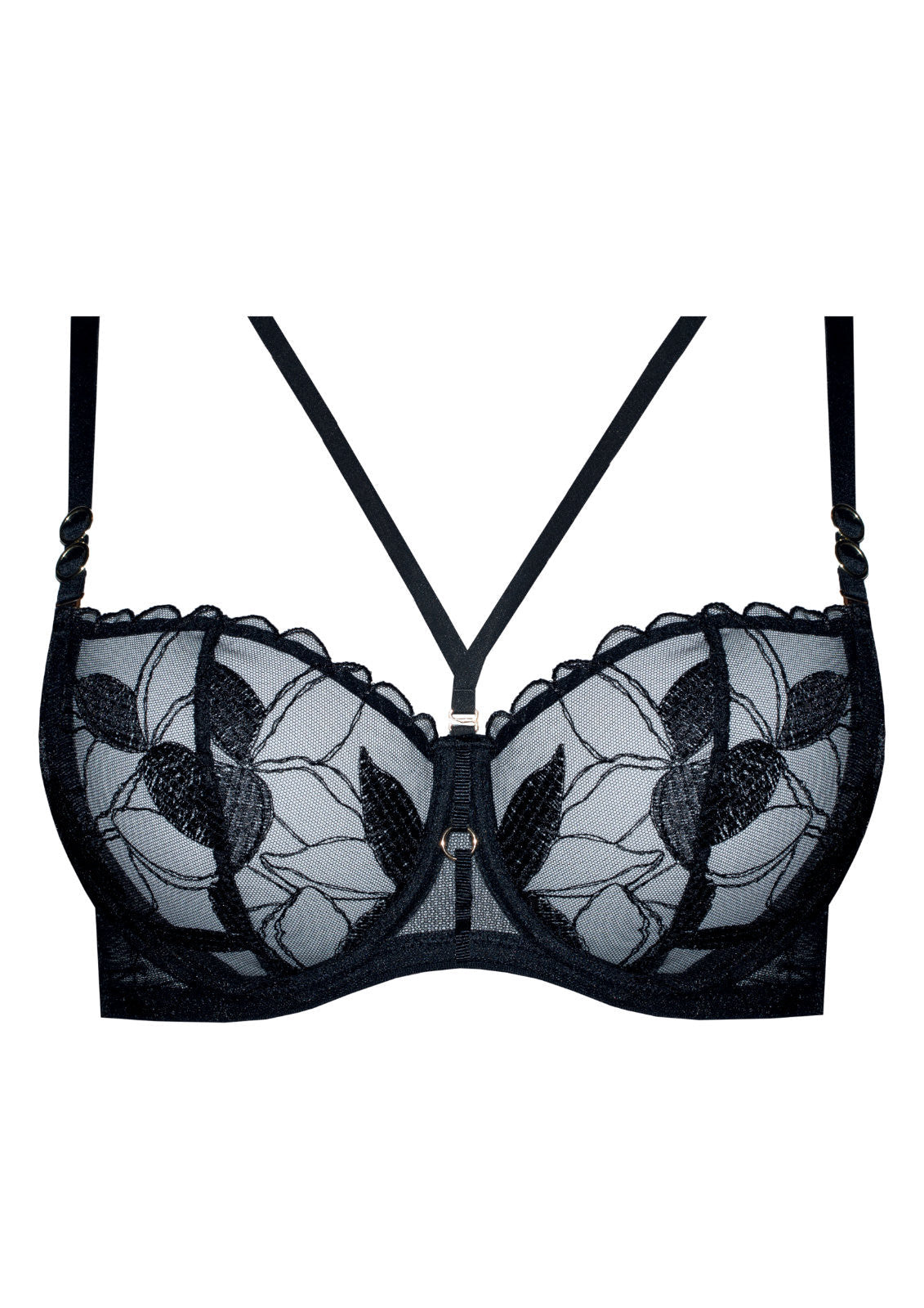 Product shot of Samanta Kendall Sheer Balconette Bra A142 in black, featuring sheer floral embroidery and decorative front straps.