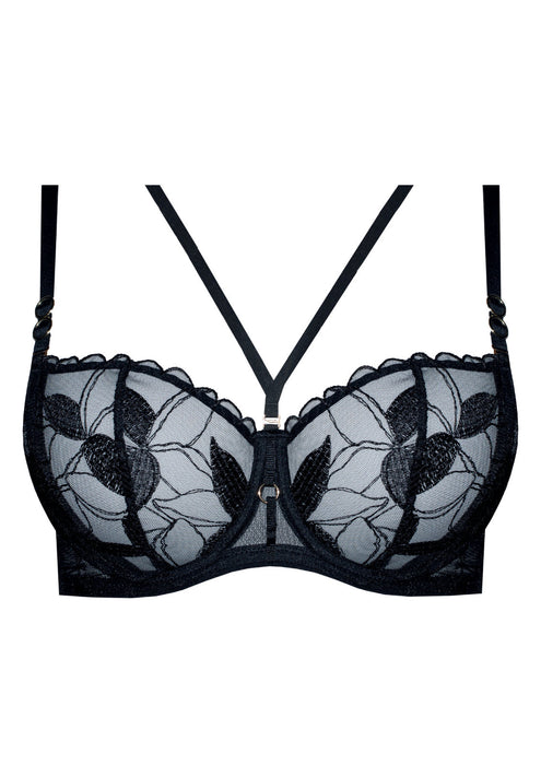 Product shot of Samanta Kendall Sheer Balconette Bra A142 in black, featuring sheer floral embroidery and decorative front straps.