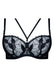 Product shot of Samanta Kendall Sheer Balconette Bra A142 in black, featuring sheer floral embroidery and decorative front straps.