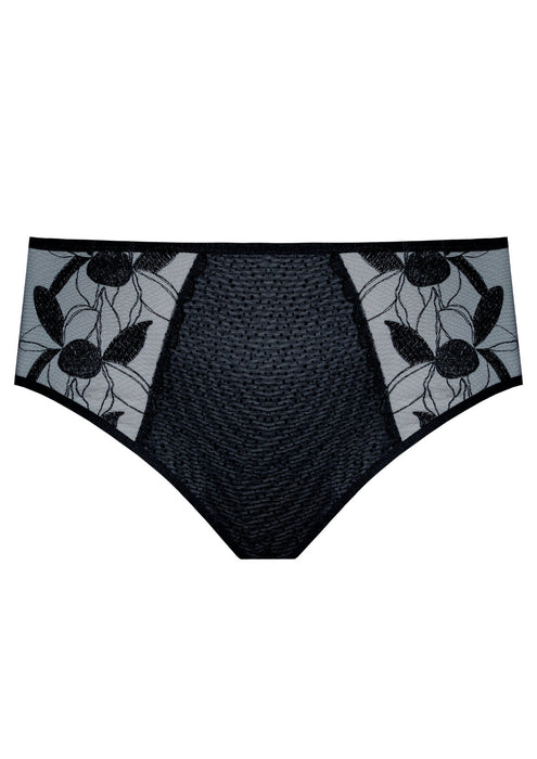 Samanta Kendall Semi-Sheer Mid-Rise Brief Panty B400 in black with floral embroidery and peek-a-boo mesh panels for a stylish, no VPL lingerie fit.
