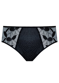 Samanta Kendall Semi-Sheer Mid-Rise Brief Panty B400 in black with floral embroidery and peek-a-boo mesh panels for a stylish, no VPL lingerie fit.
