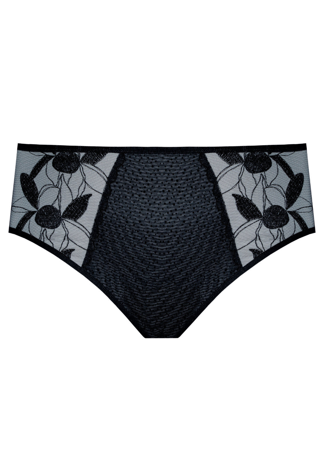 Samanta Kendall Semi-Sheer Mid-Rise Brief Panty B400 in black with floral embroidery and peek-a-boo mesh panels for a stylish, no VPL lingerie fit.