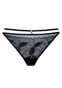 Samanta Kendall Sheer Mesh Low-Rise String Panty C300 in black with floral embroidery and double waistband, ideal for stylish lingerie collections.