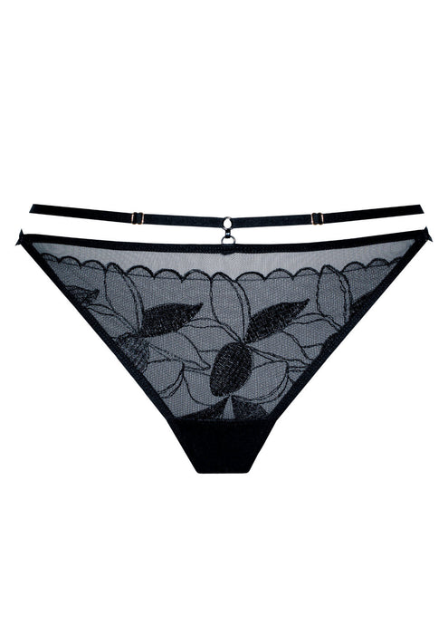 Samanta Kendall Sheer Mesh Low-Rise String Panty C300 in black with floral embroidery and double waistband, ideal for stylish lingerie collections.