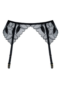 Black sheer floral embroidered high-waist garter belt with adjustable straps