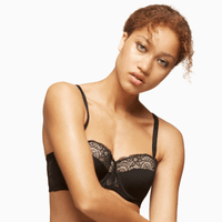 Blush Escape Longline Strapless Padded Lace Bra Black worn with optional straps, offering convertible wear and enhanced support.