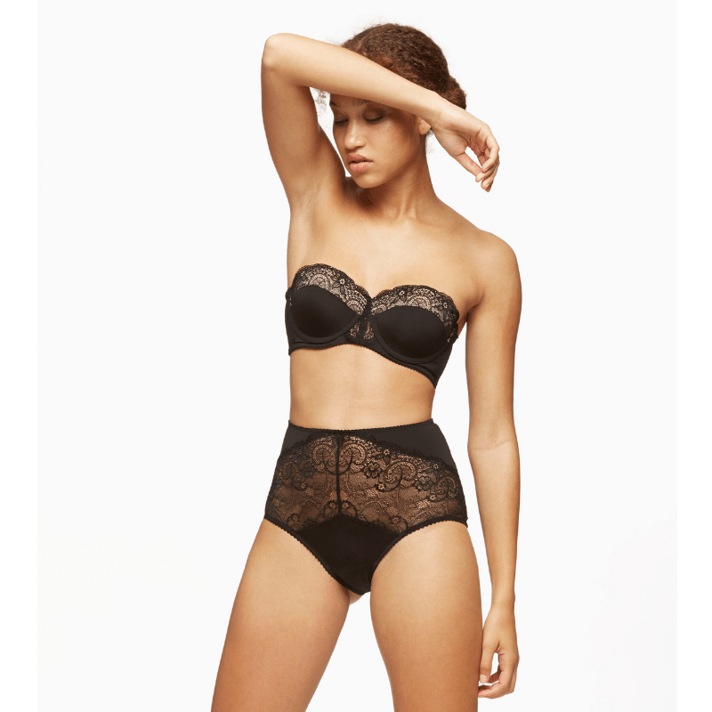 Model in Blush Escape Longline Strapless Padded Lace Bra Black and coordinating lace high-waist panties, styled for elegant lingerie fashion.