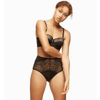 Model wearing Blush Escape Longline Strapless Padded Lace Bra Black with straps and matching lace panties, perfect for a coordinated look.