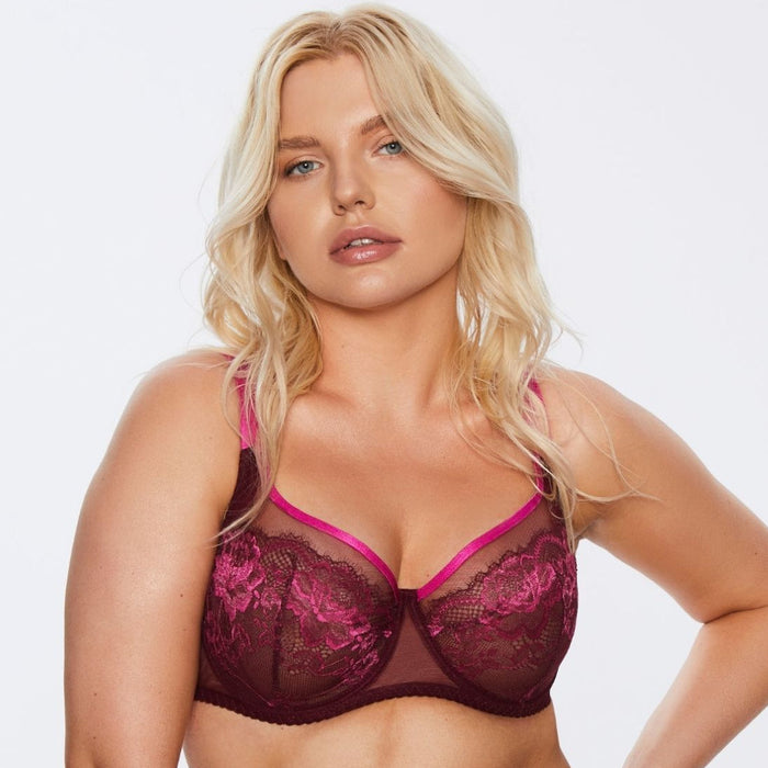 Sheer Mesh Full Figure Lace Bra Kinga Love Promise in Bordeaux with pink trim, offering full support and romantic floral lace design.