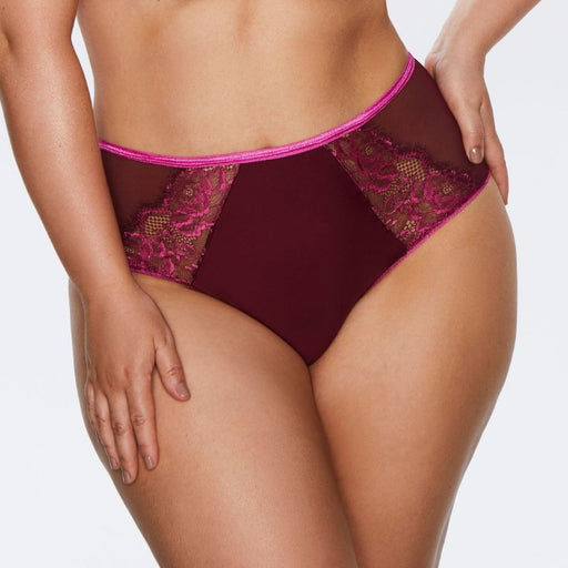 Love Promise Soft Lace Panty by Kinga in bordeaux with sheer lace side panels and satin waistband, offering elegant full coverage.