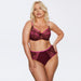 Model wearing Sheer Mesh Full Figure Lace Bra Kinga Love Promise with matching high-waist lace panties in Bordeaux and pink.