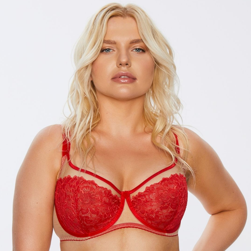 Sheer Mesh Full Busted Lace Bra Kinga Mind Love in True Red with floral lace cups and underwire support, modeled from the front.