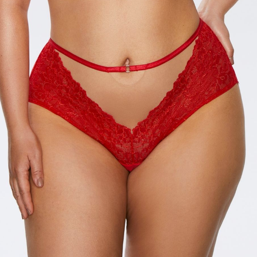 Soft Lace High Waist Brief Panty Plus Size in red by Kinga Mind Love, featuring sheer floral lace, high-cut legs, and a satin waistband detail.