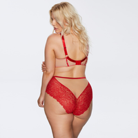 Rear view of model in Soft Lace High Waist Brief Panty Plus Size and matching bra, showing red lace design and flattering high-waist fit.