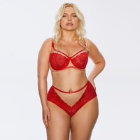 Full set of Sheer Mesh Full Busted Lace Bra Kinga Mind Love with matching high-waist lace panties in bold True Red, front view.