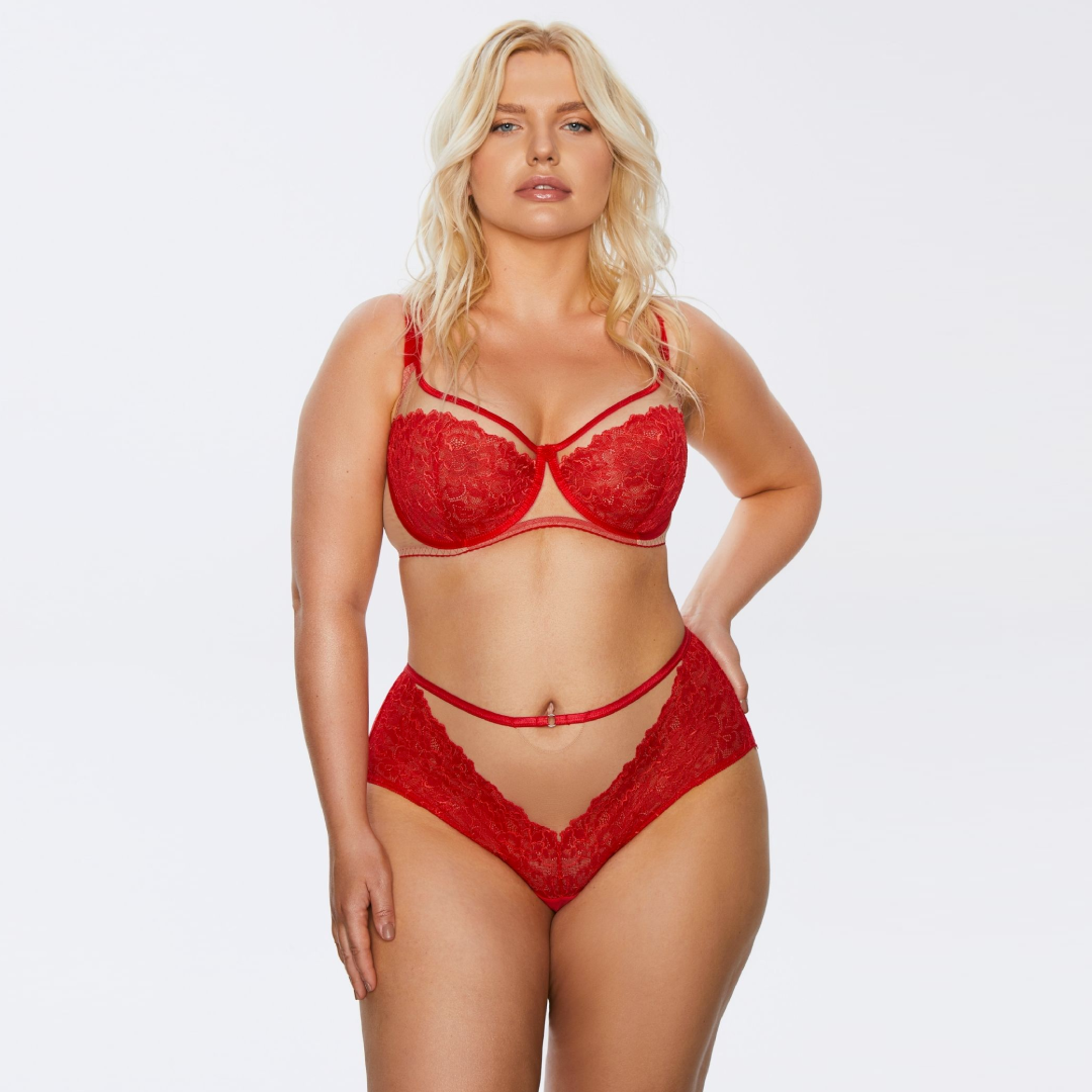 Full set of Sheer Mesh Full Busted Lace Bra Kinga Mind Love with matching high-waist lace panties in bold True Red, front view.