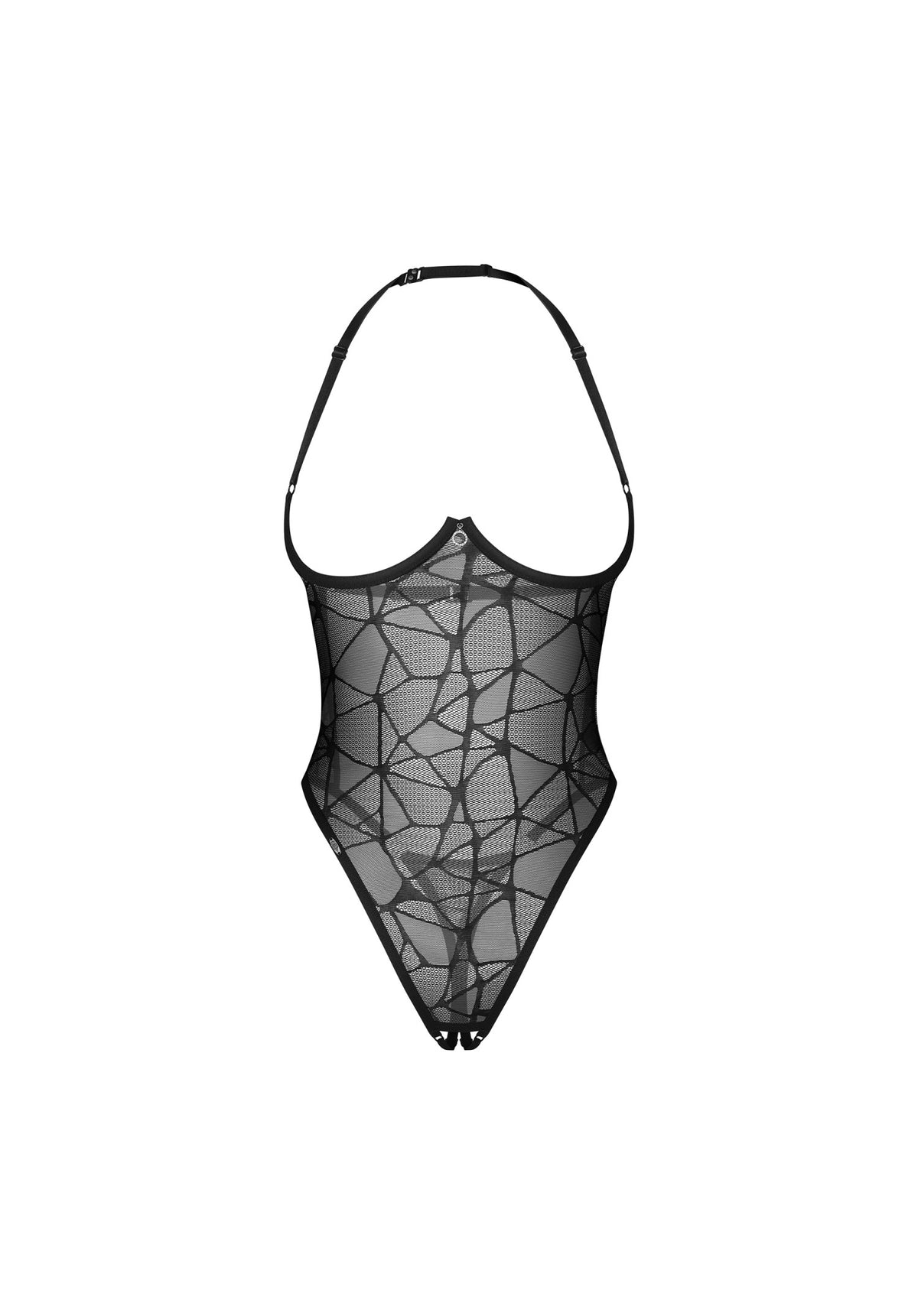 Black mesh bodysuit with geometric pattern, open bust, adjustable straps, and high-leg design, perfect for seductive lingerie looks - SKU: OB11568-BK-S/M