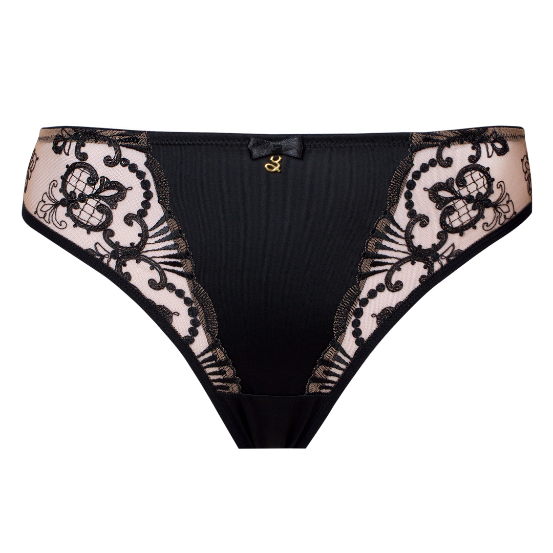 Samanta Perla Black Sheer Mesh Tulle Embroidered Tanga Panty