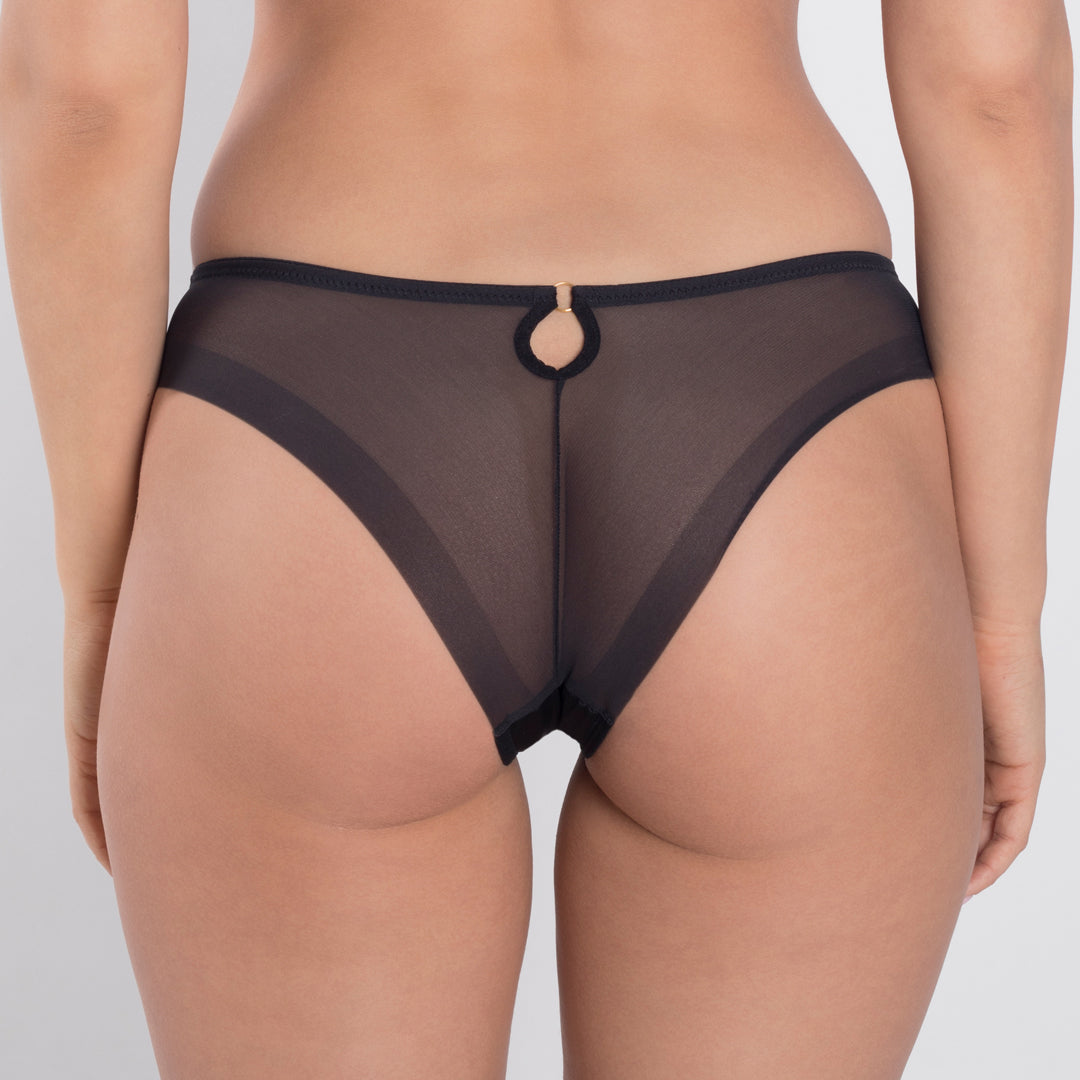Samanta Perla Black Sheer Mesh Tulle Embroidered Tanga Panty